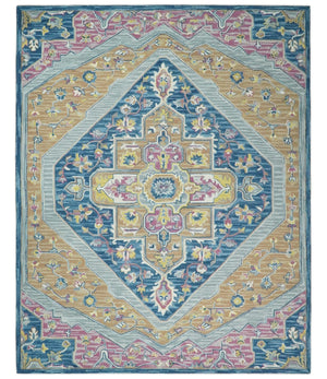 Traditional Blue and Camel Textured Loop Wool Hand Tufted Area Rug