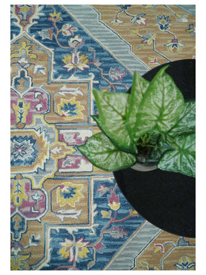 Traditional Blue and Camel Textured Loop Wool Hand Tufted Area Rug