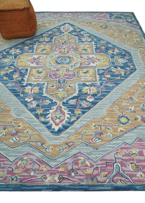 Traditional Blue and Camel Textured Loop Wool Hand Tufted Area Rug