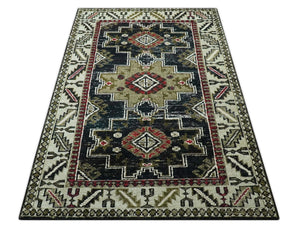 5x8 Black and Silver Traditional Heriz Hand Knotted wool area Rug
