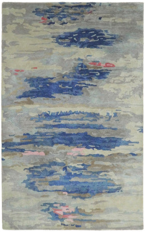 Blue and Silver Modern Abstract Hand Tufted Wool and Art Silk 5x8 Area Rug