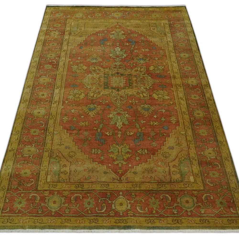 5x8 Gold and Rust Heriz Serapi Traditional Vintage Antique Hand Knotted Wool Area Rug