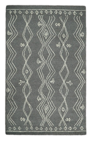 5x8 Gray and White Tribal Hand Tufted Textured Loop Area Rug