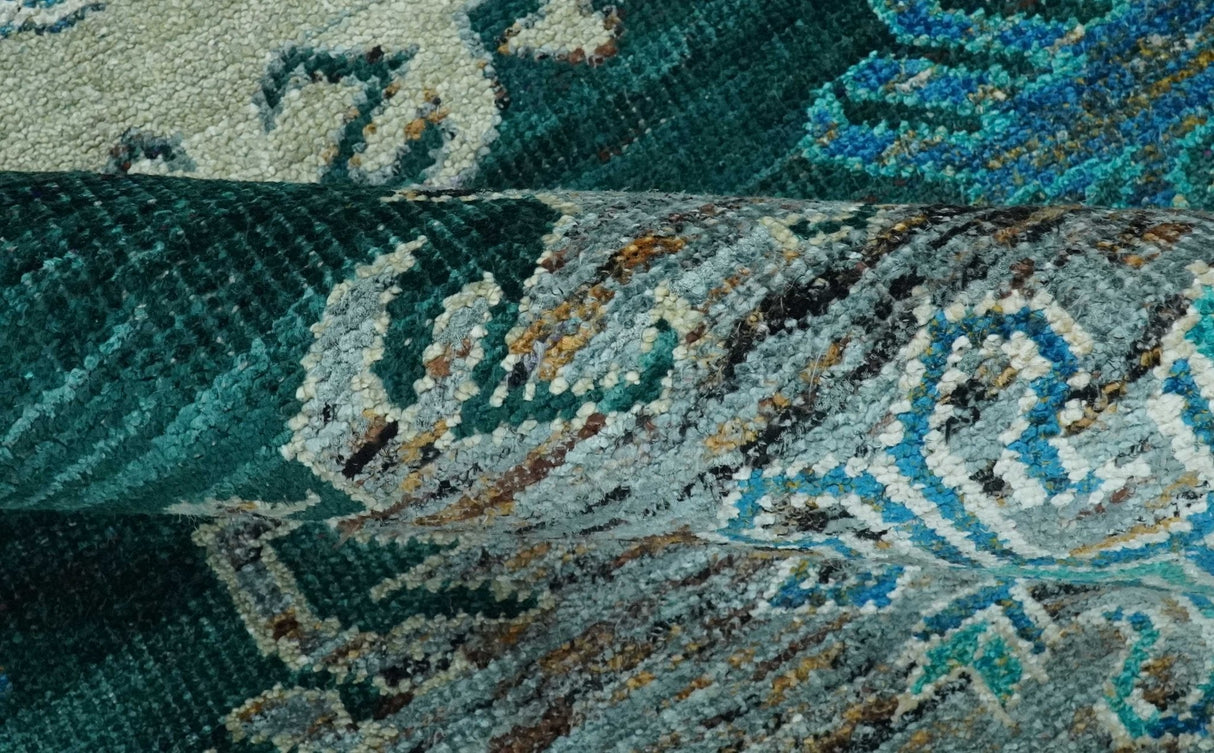 5x8 Green, Ivory and Blue Traditional Large design hand knotted wool area rug