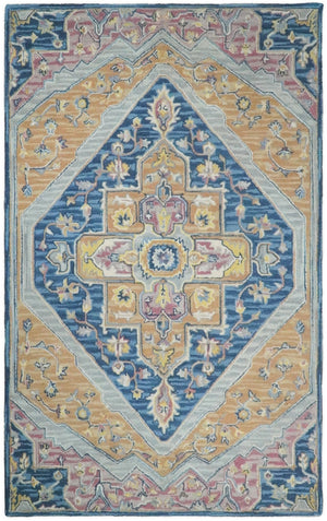 Traditional Blue and Camel Textured Loop Wool Hand Tufted Area Rug