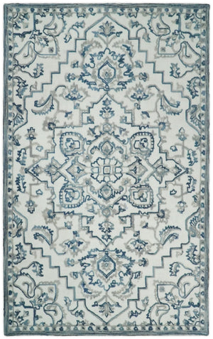 Hand Tufted Blue and Ivory Wool Textured Loop 5x8 Area Rug