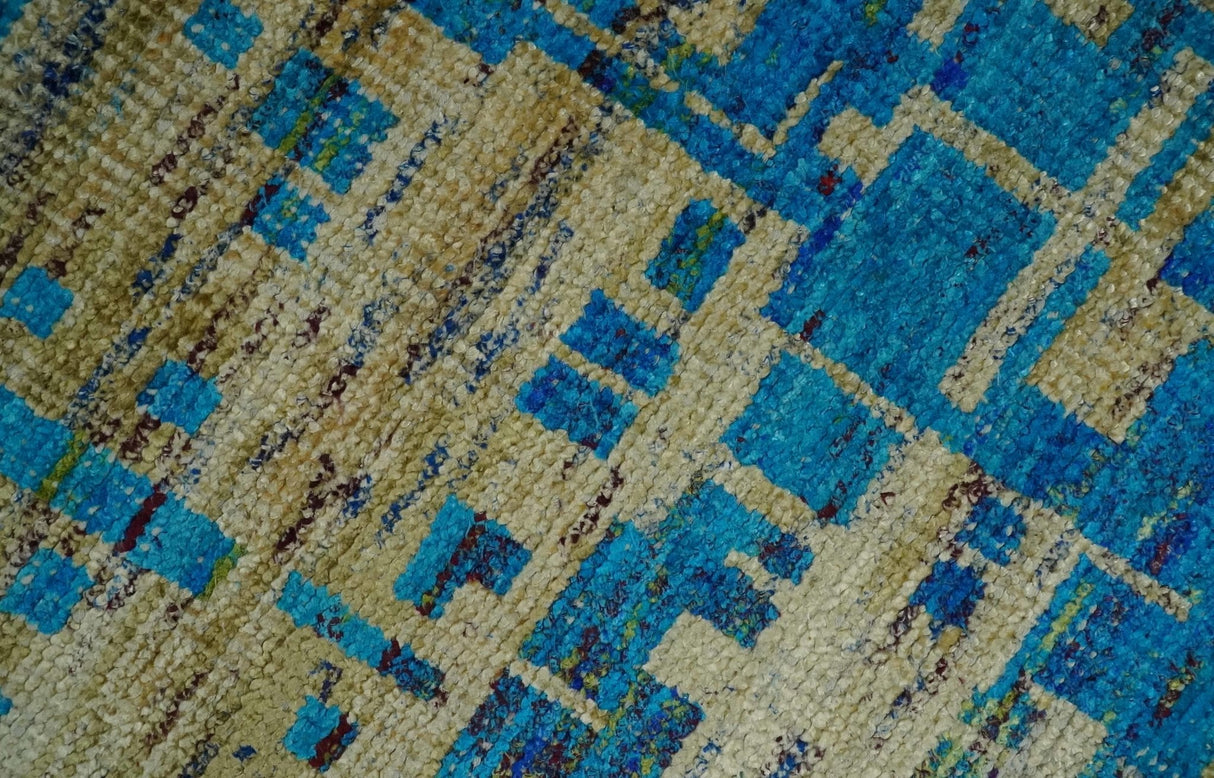 5x8 Hand Knotted Beige and Blue Modern Abstract  Recycled Silk Area Rug