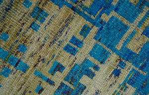 5x8 Hand Knotted Beige and Blue Modern Abstract  Recycled Silk Area Rug