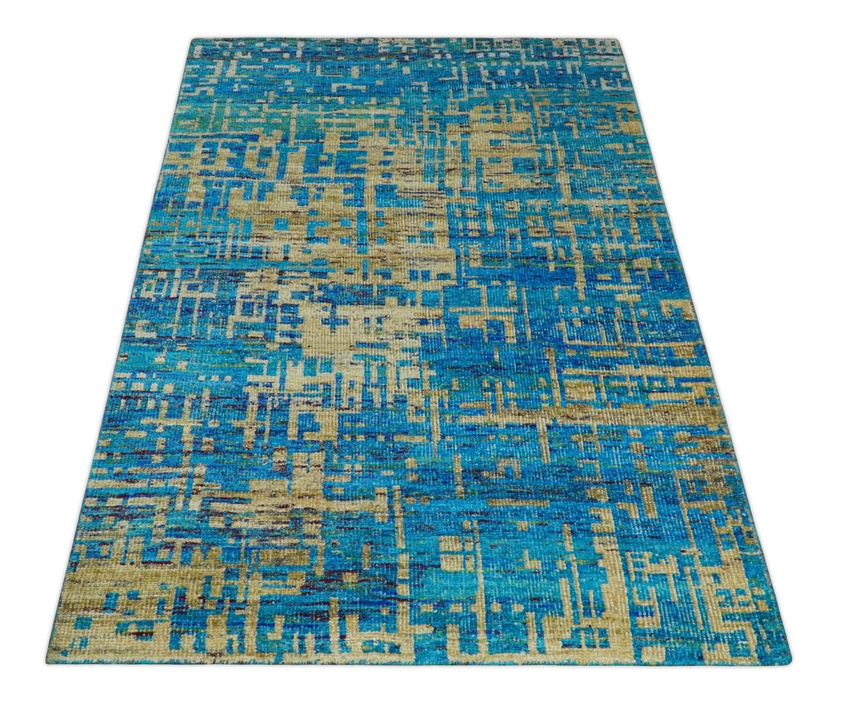 5x8 Hand Knotted Beige and Blue Modern Abstract  Recycled Silk Area Rug
