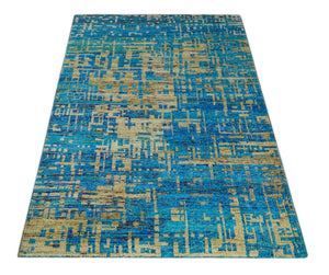 5x8 Hand Knotted Beige and Blue Modern Abstract  Recycled Silk Area Rug