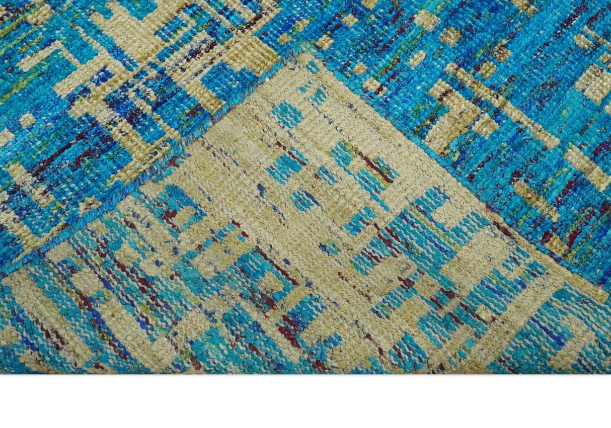 5x8 Hand Knotted Beige and Blue Modern Abstract  Recycled Silk Area Rug