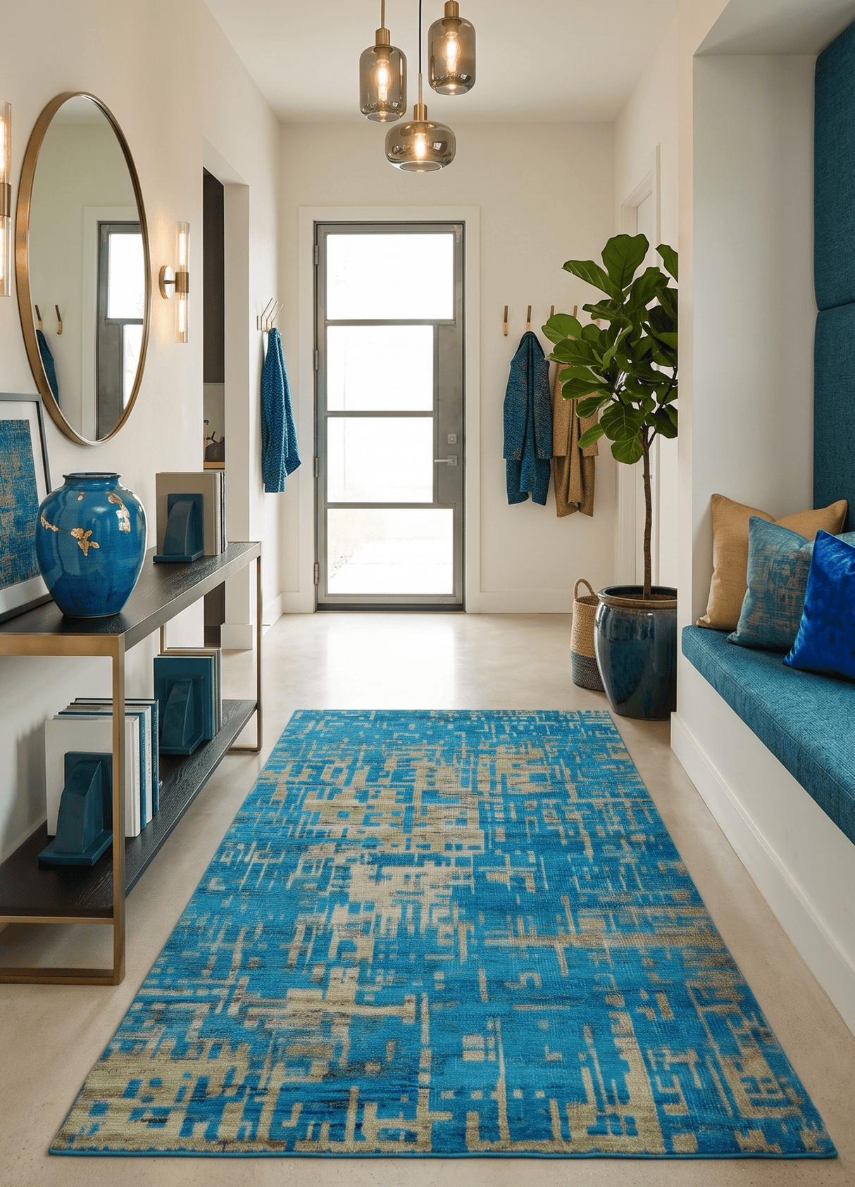 5x8 Hand Knotted Beige and Blue Modern Abstract  Recycled Silk Area Rug