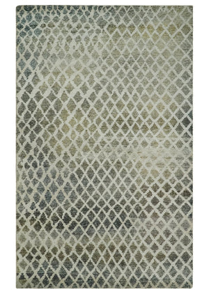 5x8 Hand Knotted Beige, Charcoal and Olive Modern Geometric Recycled Silk Area Rug
