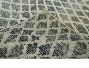5x8 Hand Knotted Beige, Charcoal and Olive Modern Geometric Recycled Silk Area Rug