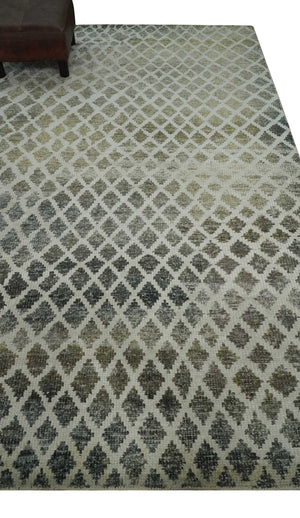 5x8 Hand Knotted Beige, Charcoal and Olive Modern Geometric Recycled Silk Area Rug