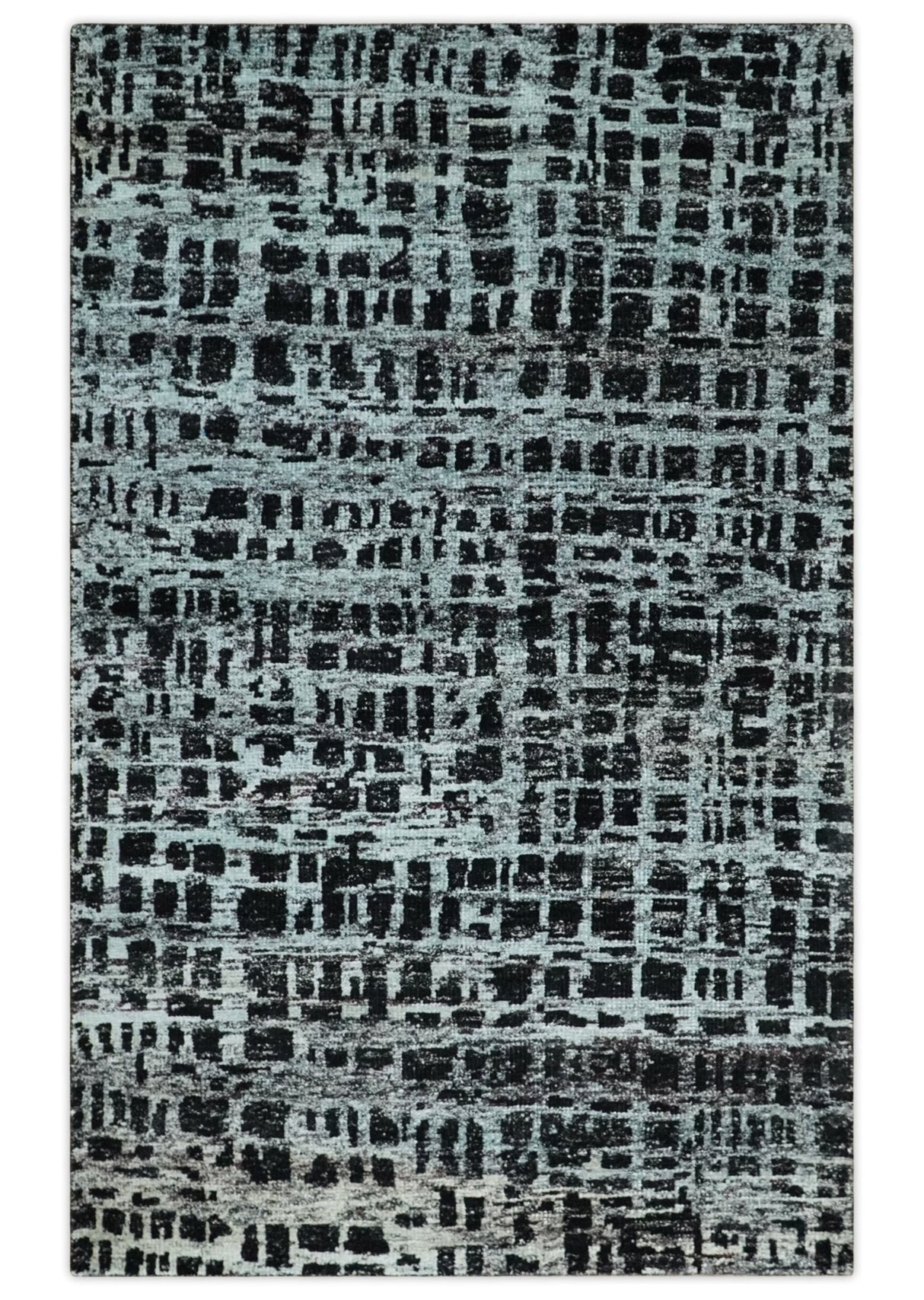 5x8 Hand Knotted Black and Silver Modern Abstract  Recycled Silk Area Rug