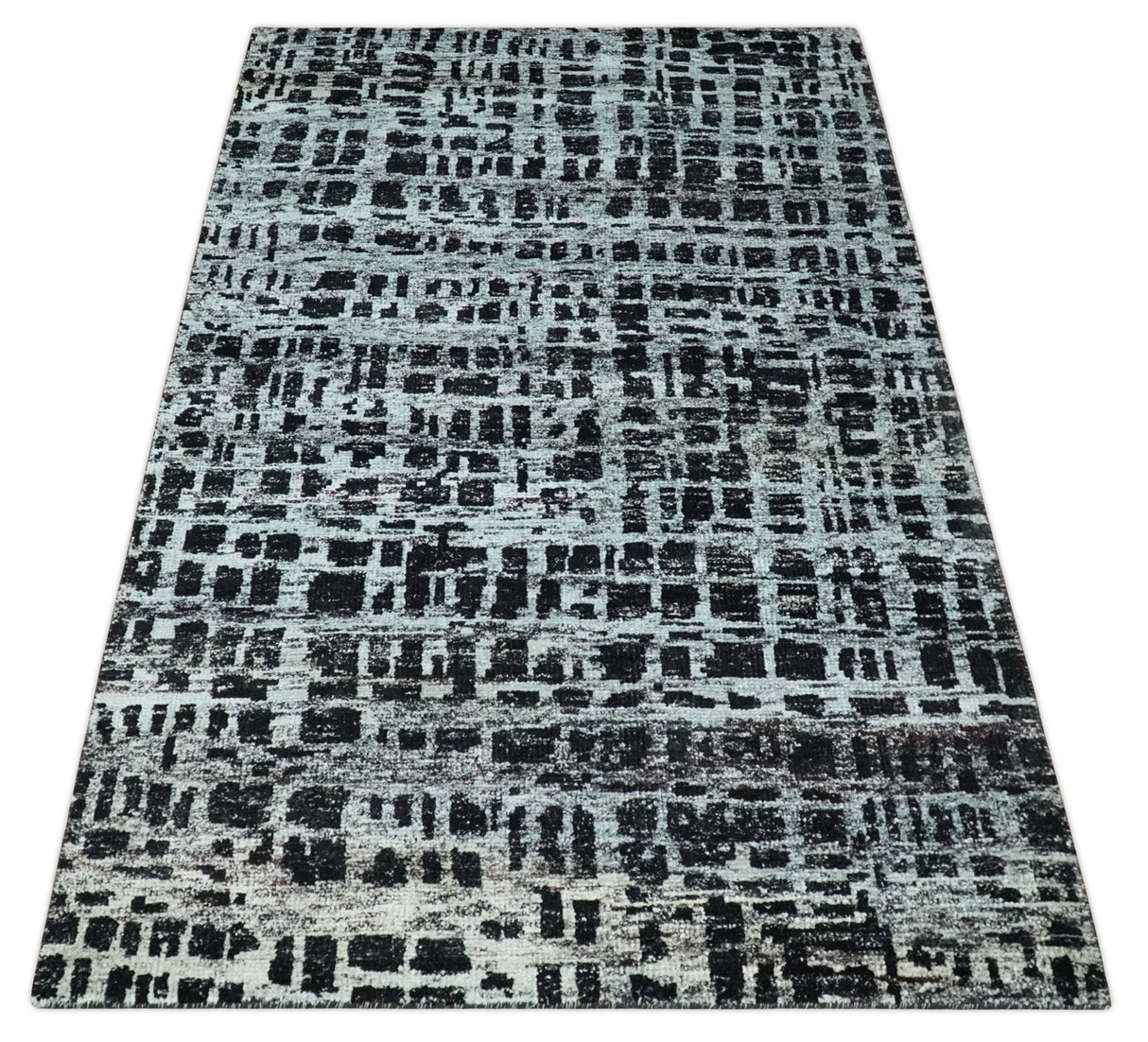 5x8 Hand Knotted Black and Silver Modern Abstract  Recycled Silk Area Rug