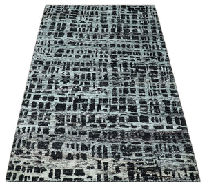 5x8 Hand Knotted Black and Silver Modern Abstract  Recycled Silk Area Rug