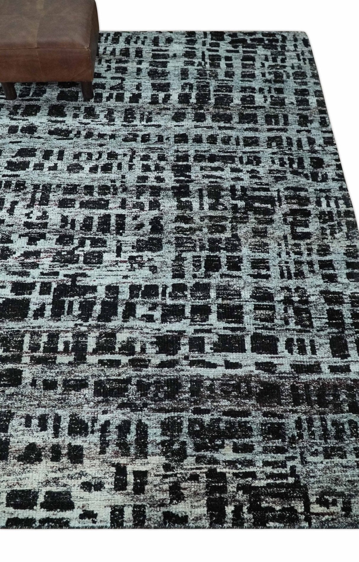 5x8 Hand Knotted Black and Silver Modern Abstract  Recycled Silk Area Rug