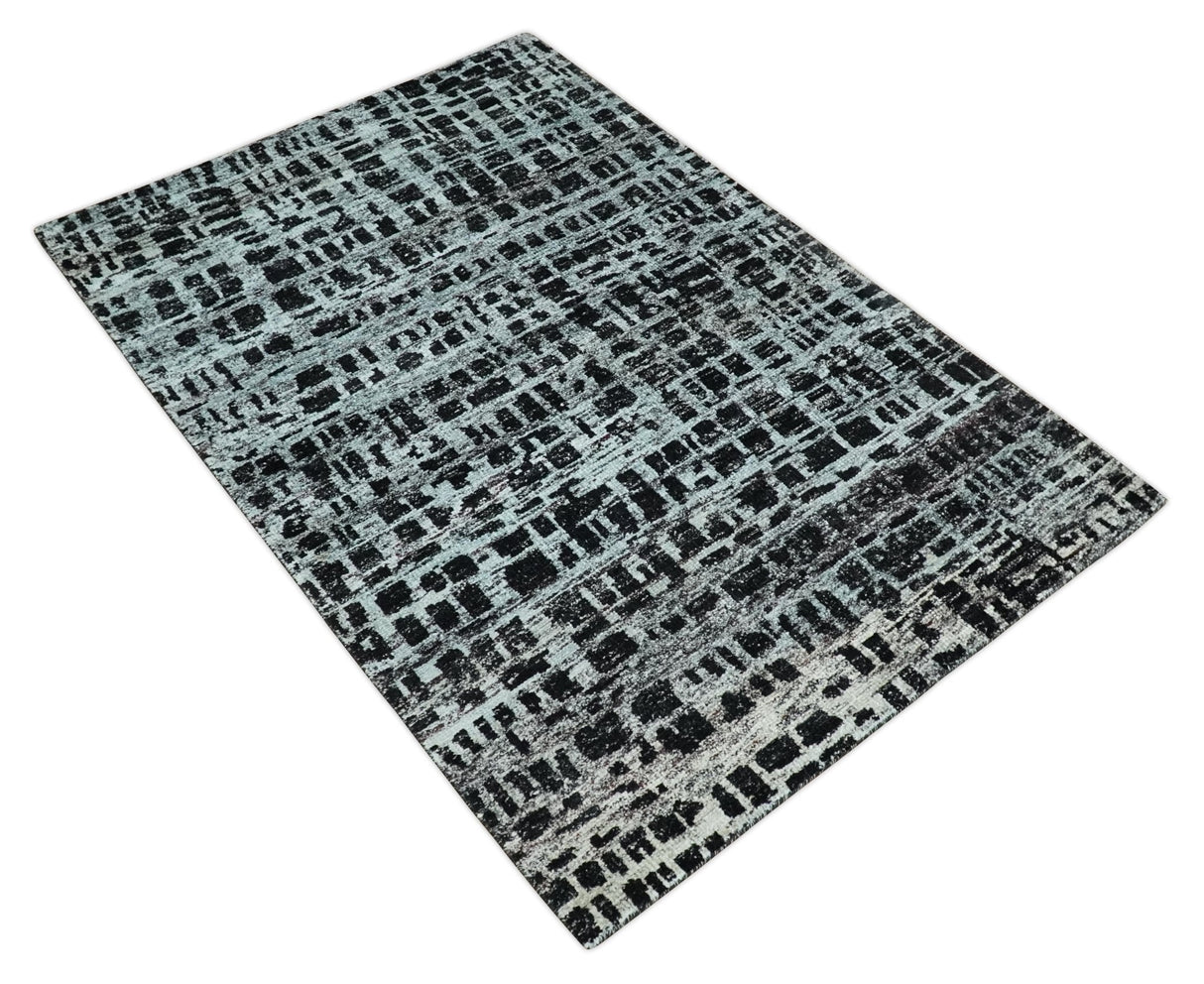 5x8 Hand Knotted Black and Silver Modern Abstract  Recycled Silk Area Rug