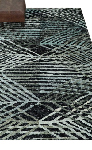 5x8 Hand Knotted Black, Ivory and Teal Modern Contemporary Recycled Silk Area Rug