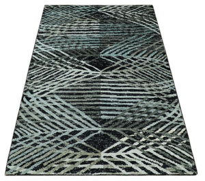 5x8 Hand Knotted Black, Ivory and Teal Modern Contemporary Recycled Silk Area Rug