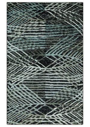 5x8 Hand Knotted Black, Ivory and Teal Modern Contemporary Recycled Silk Area Rug