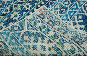 5x8 Hand Knotted Blue and Ivory Modern Contemporary Southwestern Tribal Trellis Recycled Silk Area Rug