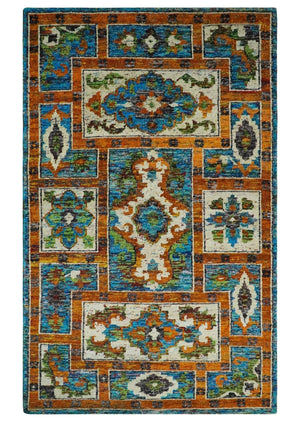 5x8 Hand Knotted Blue, Ivory and Rust Modern Recycled Silk Area Rug