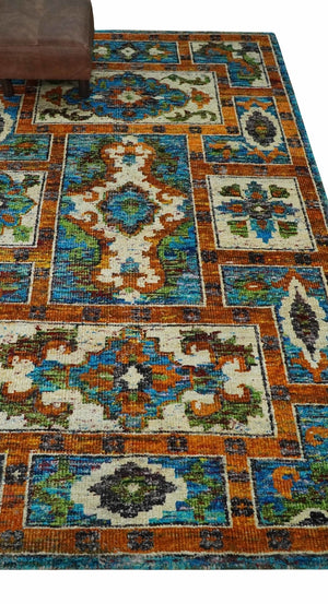 5x8 Hand Knotted Blue, Ivory and Rust Modern Recycled Silk Area Rug