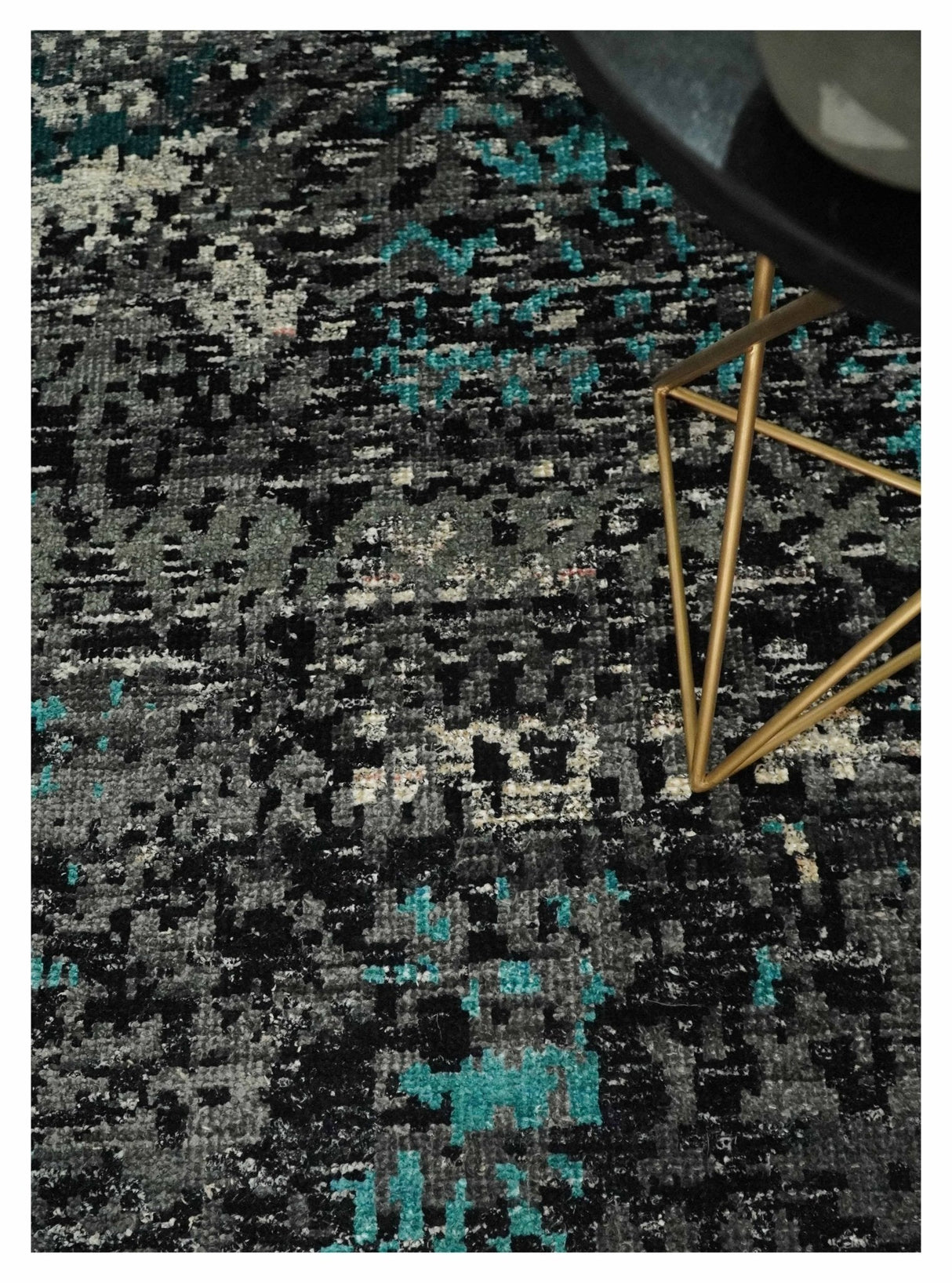 5x8 Hand Knotted Charcoal, Ivory and Blue Modern Abstract  Recycled Silk Area Rug