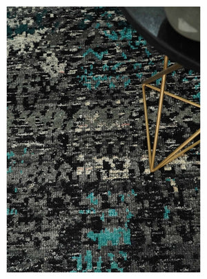 5x8 Hand Knotted Charcoal, Ivory and Blue Modern Abstract  Recycled Silk Area Rug