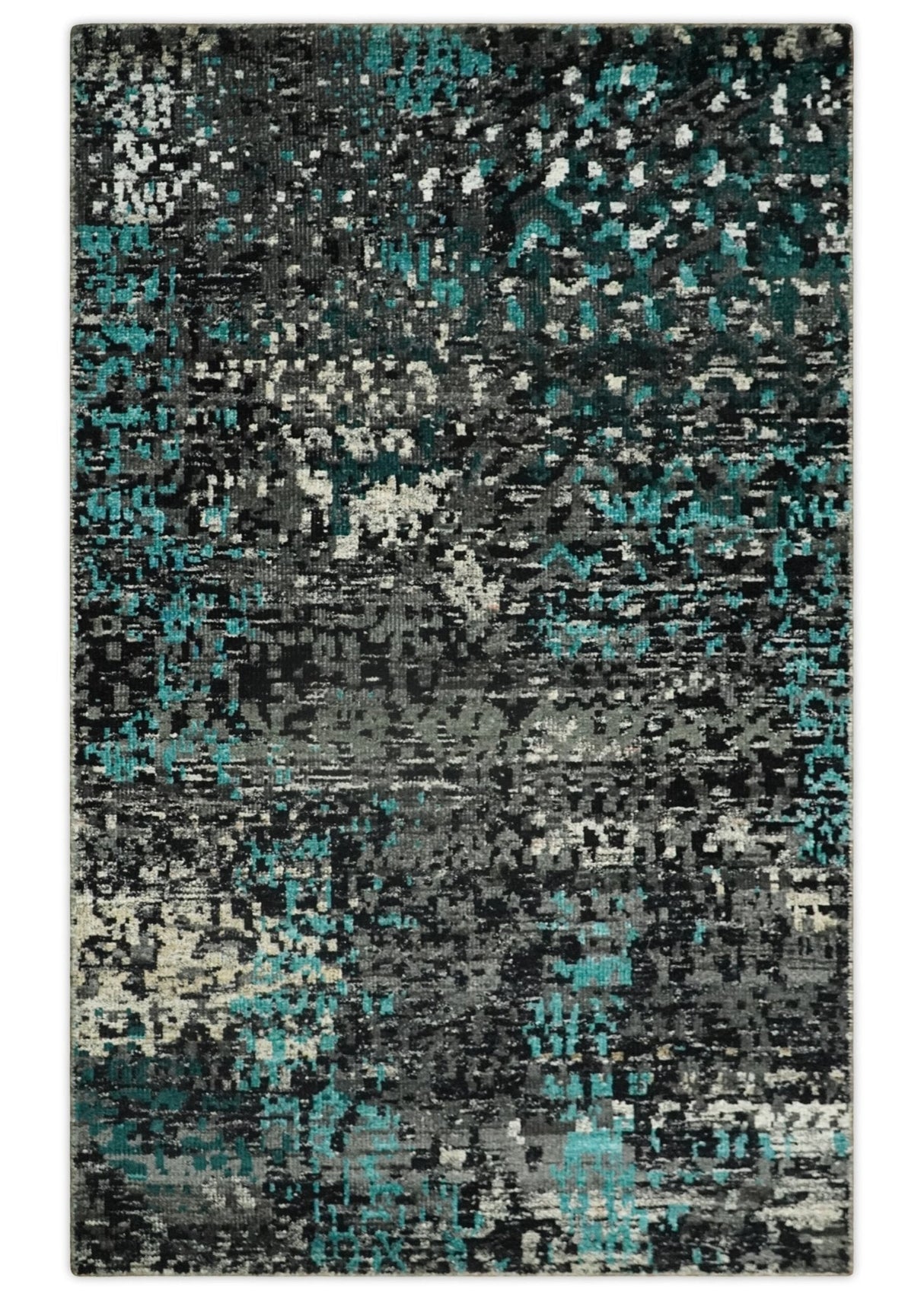 5x8 Hand Knotted Charcoal, Ivory and Blue Modern Abstract  Recycled Silk Area Rug