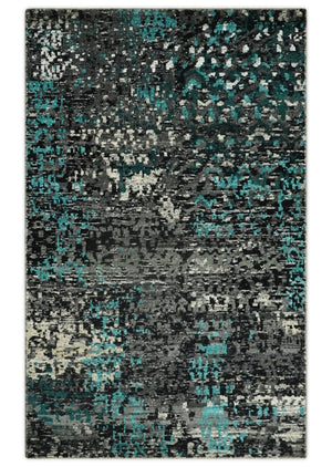5x8 Hand Knotted Charcoal, Ivory and Blue Modern Abstract  Recycled Silk Area Rug