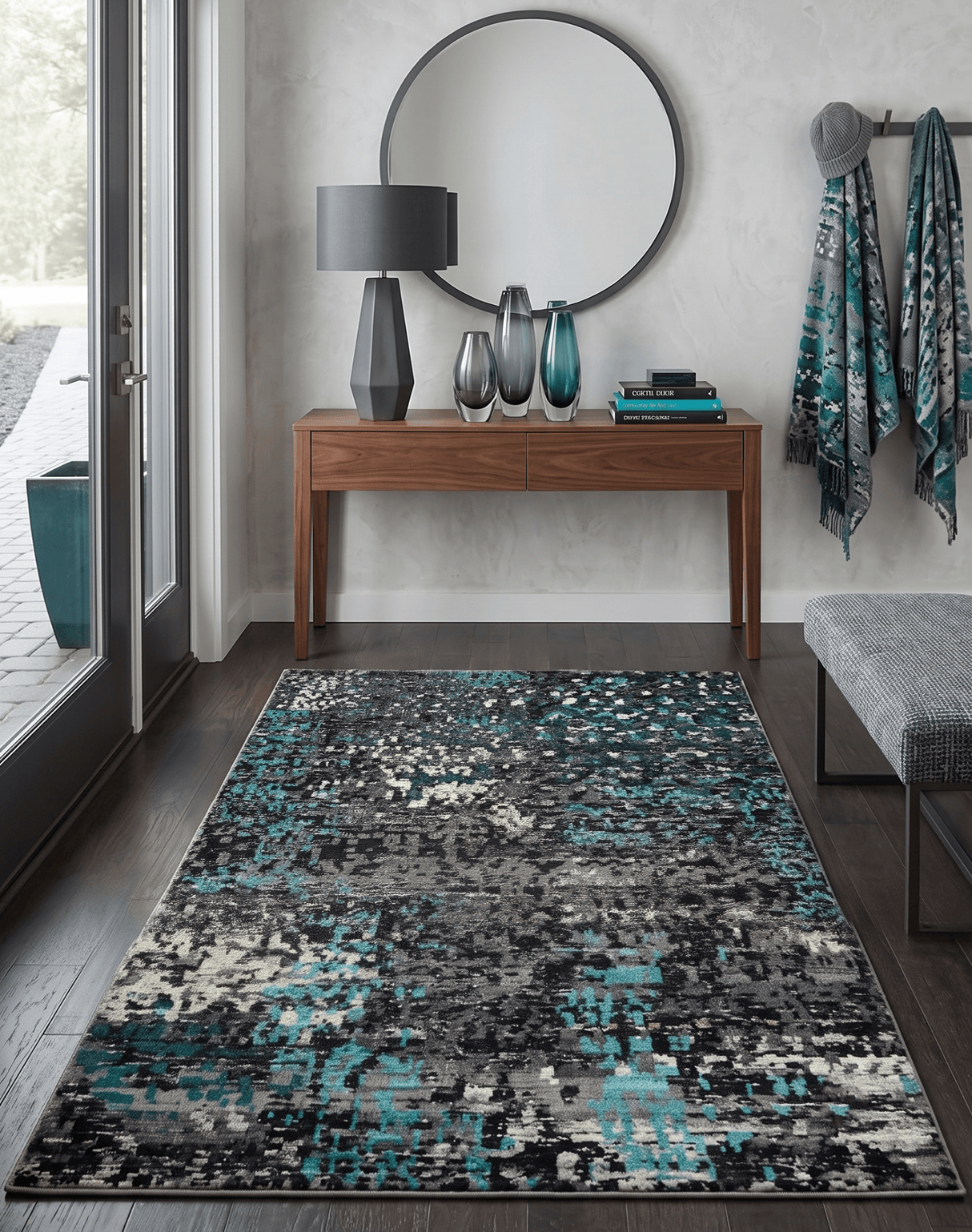 5x8 Hand Knotted Charcoal, Ivory and Blue Modern Abstract  Recycled Silk Area Rug