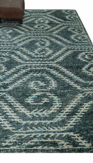 5x8 Hand Knotted Teal and Ivory Modern Contemporary Recycled Silk Area Rug