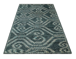 5x8 Hand Knotted Teal and Ivory Modern Contemporary Recycled Silk Area Rug
