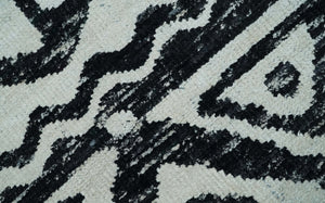 Hand Knotted Ivory and Black Modern Contemporary Recycled Silk Area Rug