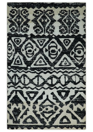 Hand Knotted Ivory and Black Modern Contemporary Recycled Silk Area Rug