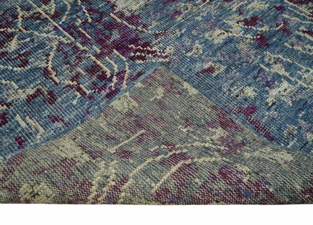 5x8 Hand Knotted Ivory, Blue and Purple Modern Abstract  Recycled Silk Area Rug
