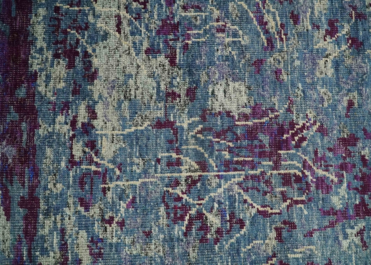 5x8 Hand Knotted Ivory, Blue and Purple Modern Abstract  Recycled Silk Area Rug