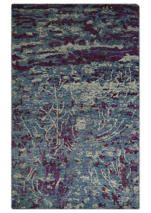 5x8 Hand Knotted Ivory, Blue and Purple Modern Abstract  Recycled Silk Area Rug