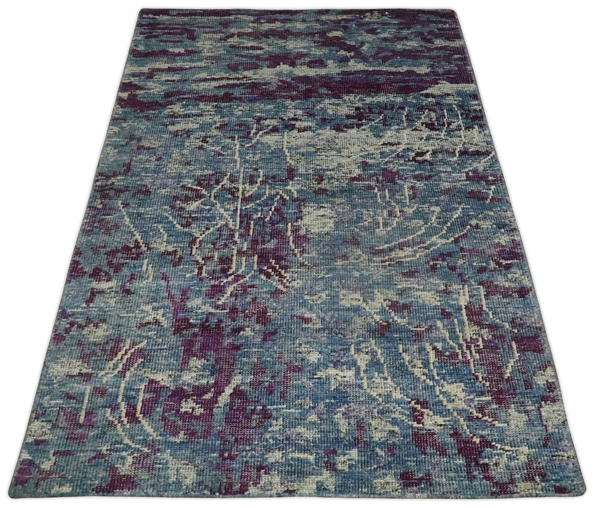 5x8 Hand Knotted Ivory, Blue and Purple Modern Abstract  Recycled Silk Area Rug