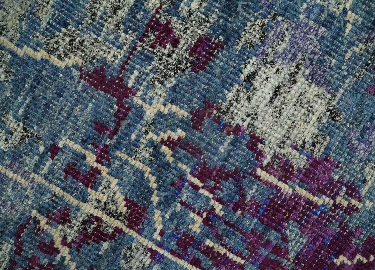 5x8 Hand Knotted Ivory, Blue and Purple Modern Abstract  Recycled Silk Area Rug