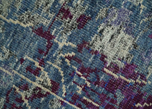 5x8 Hand Knotted Ivory, Blue and Purple Modern Abstract  Recycled Silk Area Rug