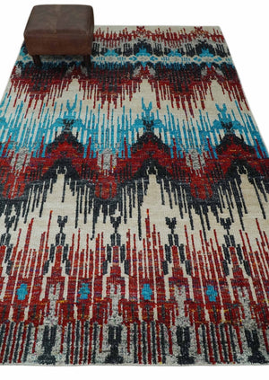 5x8 Hand Knotted Ivory, Blue and Maroon Modern Abstract Recycled Silk Area Rug