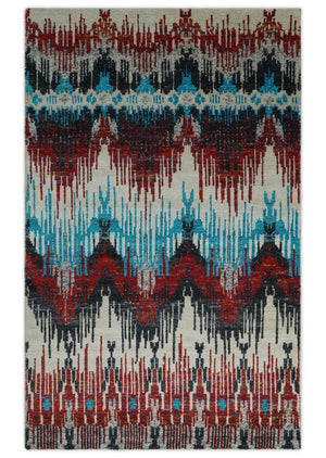 5x8 Hand Knotted Ivory, Blue and Maroon Modern Abstract Recycled Silk Area Rug