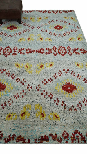 5x8 Hand Knotted Ivory, Red and Yellow Recycled Silk Area Rug