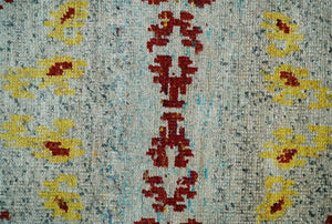 5x8 Hand Knotted Ivory, Red and Yellow Recycled Silk Area Rug