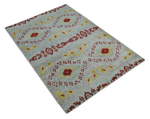 5x8 Hand Knotted Ivory, Red and Yellow Recycled Silk Area Rug
